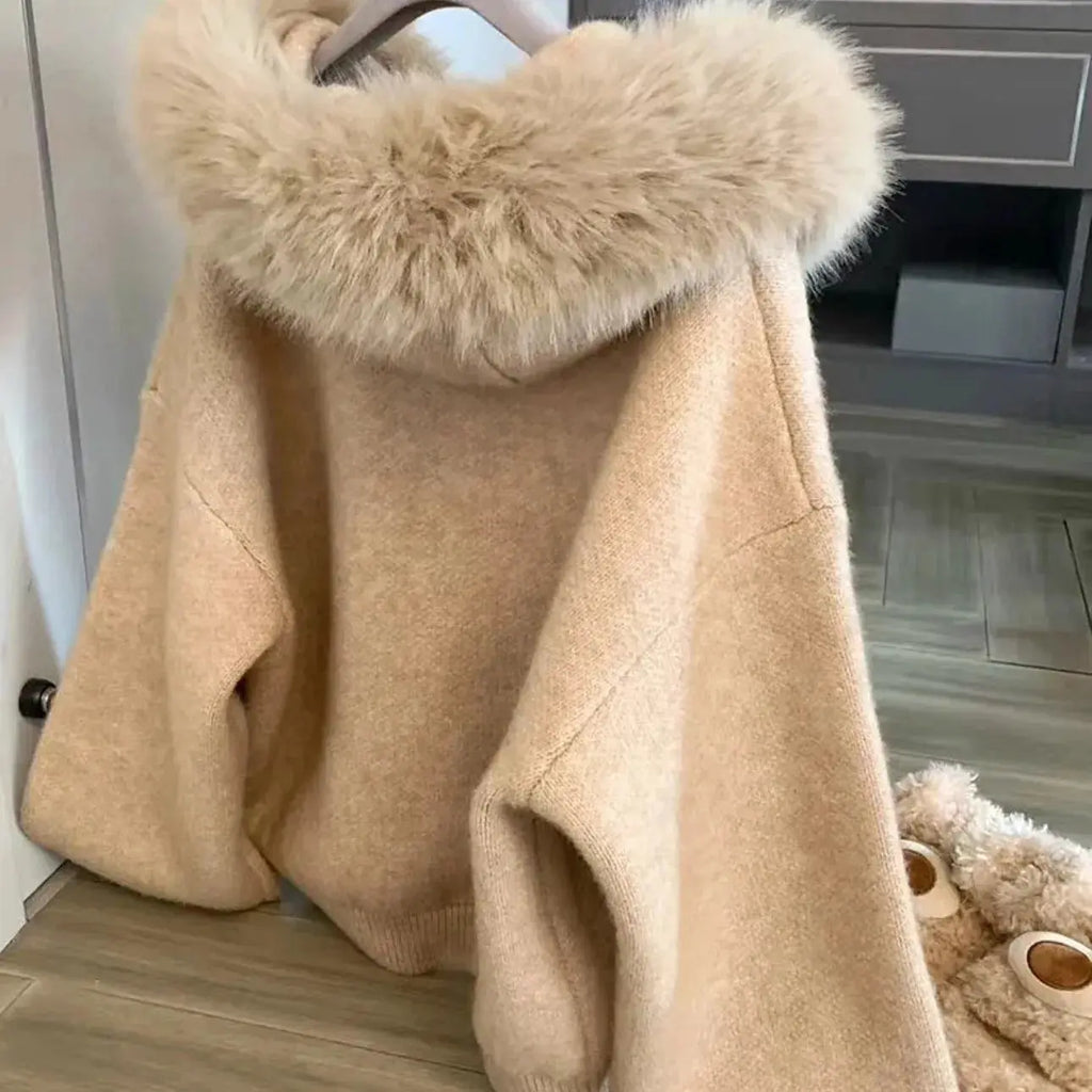 Khaki sweater jacket with large faux-fur hood collar and knit body