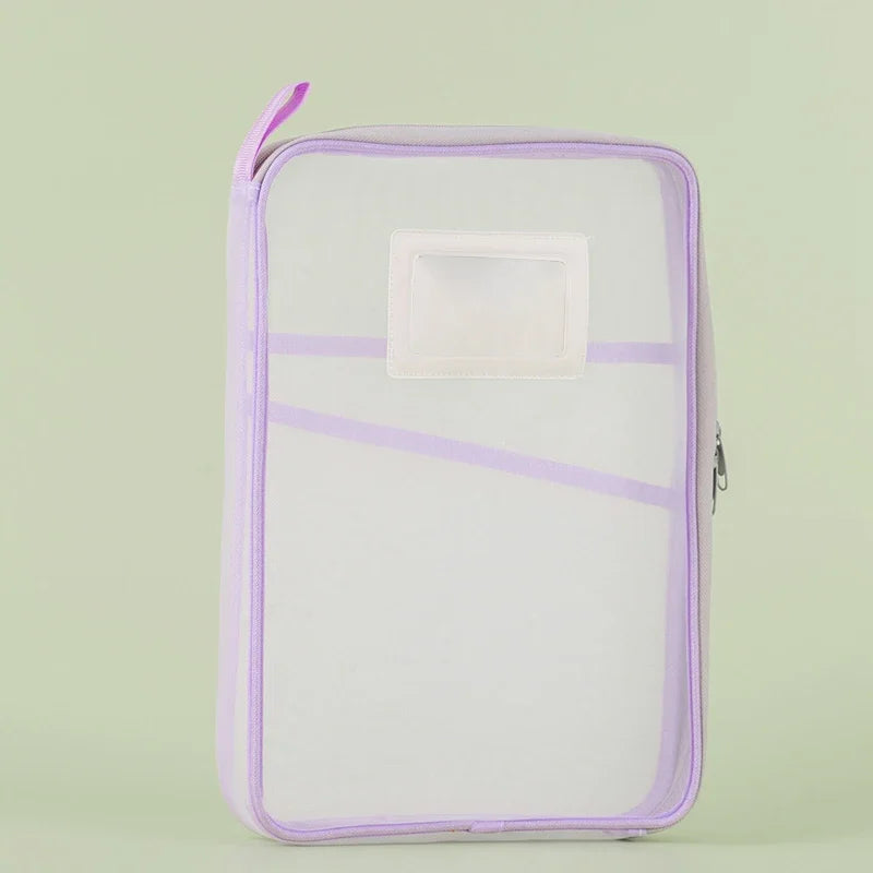 Purple-trim mesh stationery storage bag with top handle and front label window