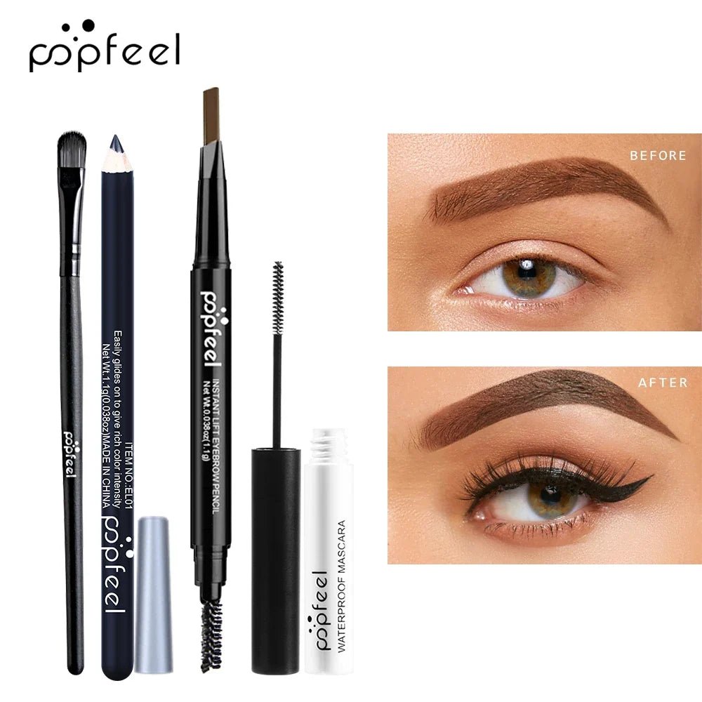 POPFEEL eye makeup tools including brush, pencils, brow gel and mascara, with brow and eye results