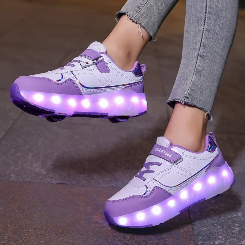 Purple and white LED roller sneakers with glowing lights and hook-and-loop strap, pair view