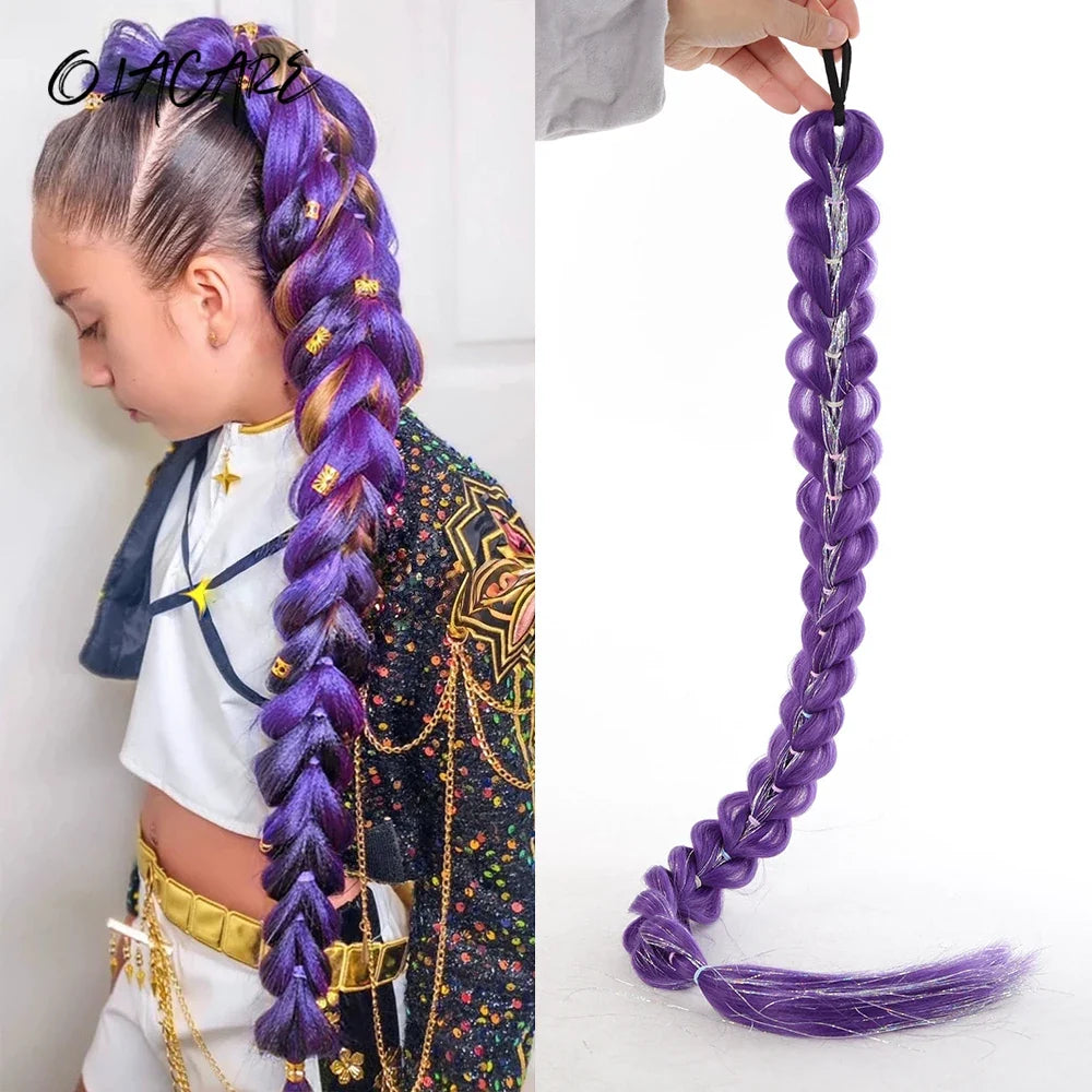 Purple braided hair ponytail extension with shiny tinsel strands, long twisted braid