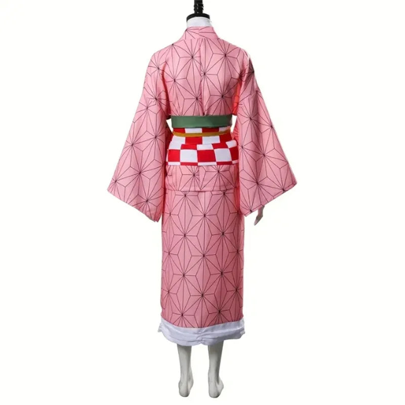 Pink geometric kimono cosplay back with black haori and checkered obi belt
