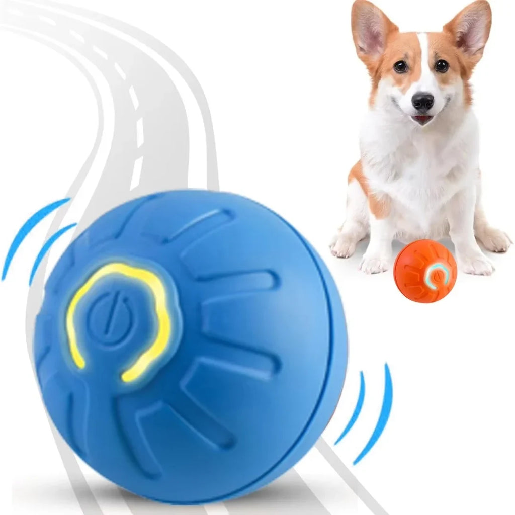 Smart electric bouncing pet ball toy, blue shell with light ring and power icon