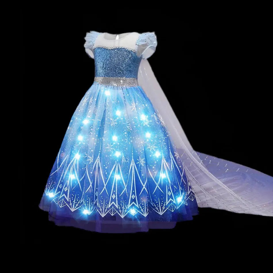 Blue LED princess dress with off-shoulder mesh sleeves and glowing star skirt