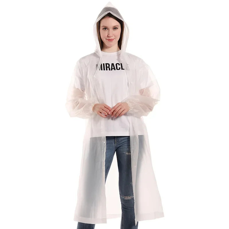 White hooded raincoat with snap-front placket and relaxed unisex silhouette