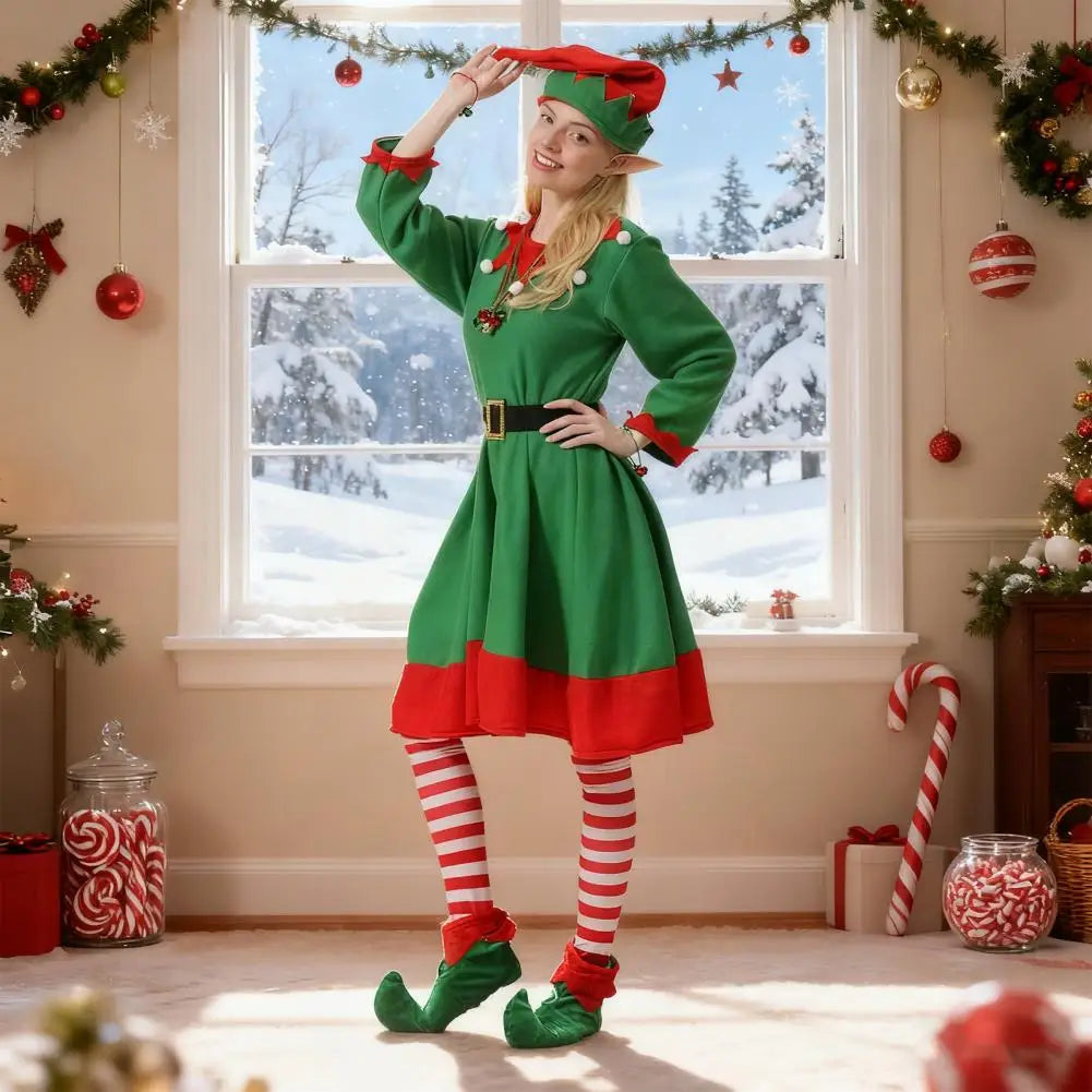 Women’s green elf dress costume with red trim, striped leggings, green elf hat and shoes