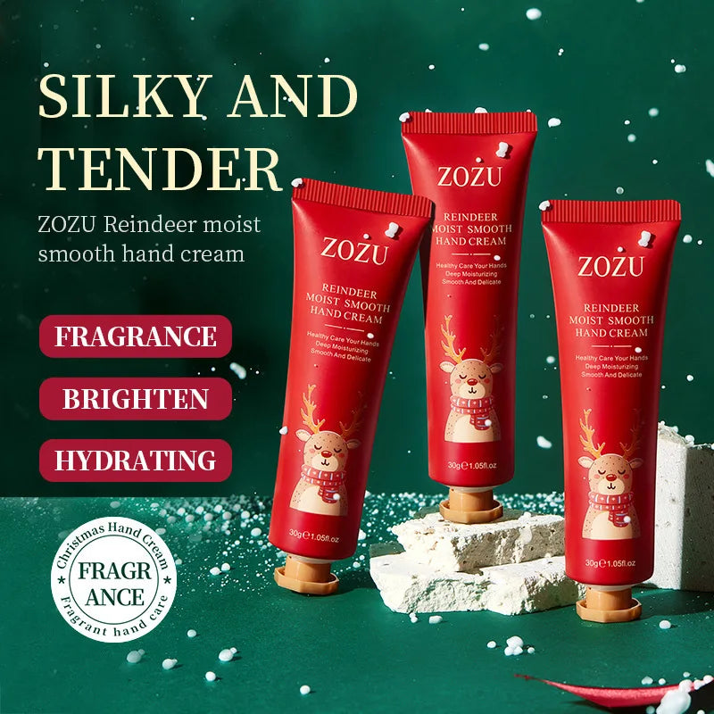 Christmas hand cream set of red and green tubes with reindeer designs and gold caps