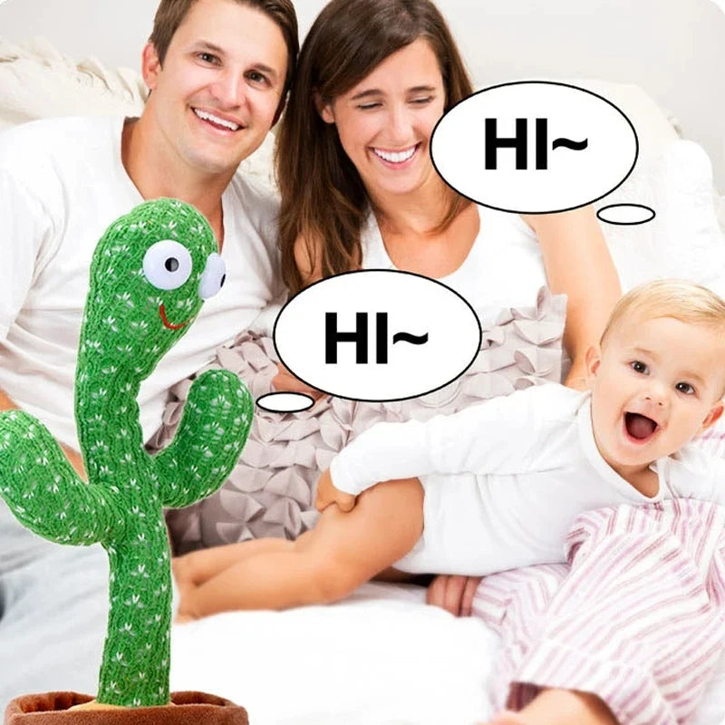 Green cactus plush with smiling face and 'Hi~' speech bubble, in brown fabric pot
