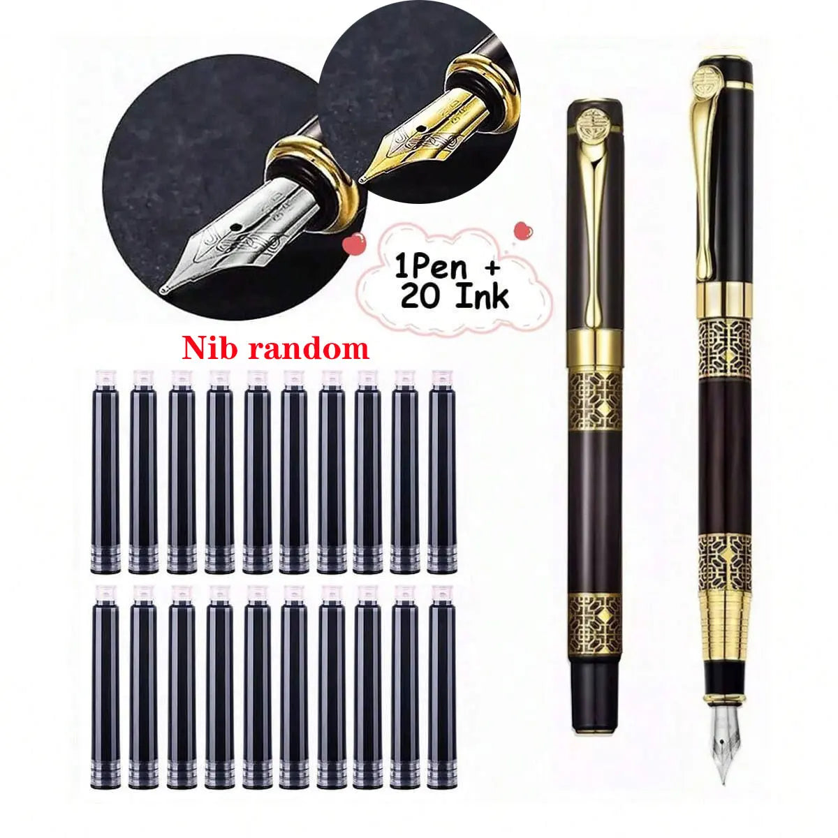 Retro metal fountain pen with gold accents and replaceable ink cartridges set