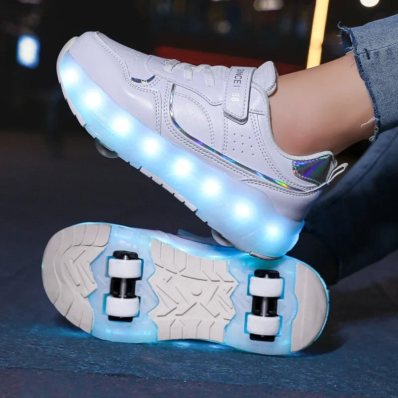 White LED roller sneakers with bright blue LED side strip and glowing wheel lights