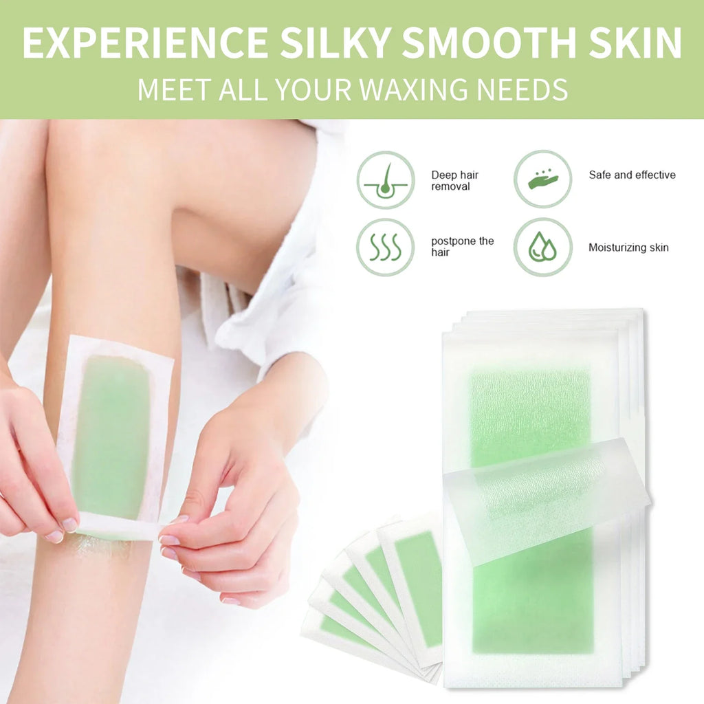 Cold wax hair removal strips kit with green wax papers in a protective pack.