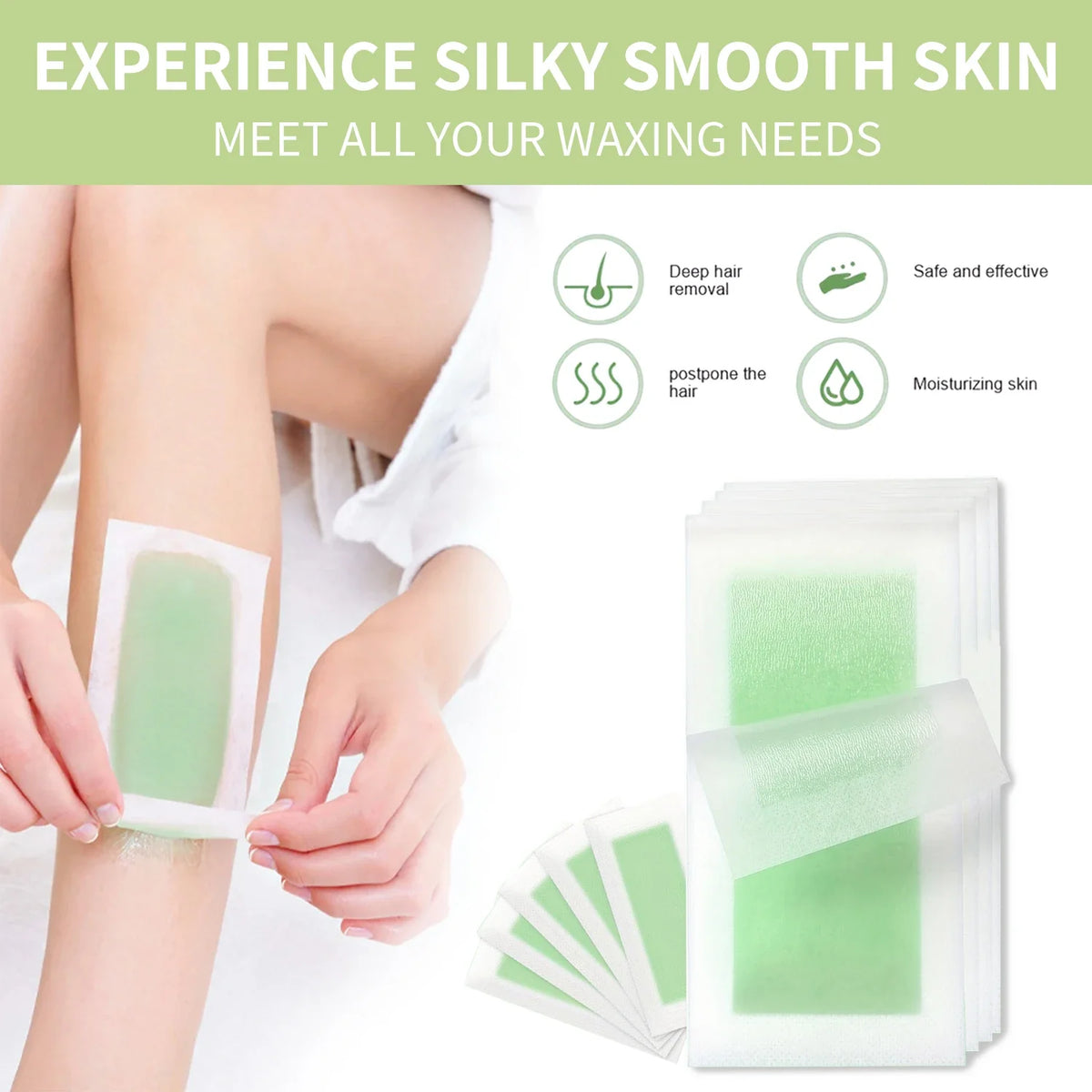 Cold wax hair removal strips kit with green wax papers in a protective pack.