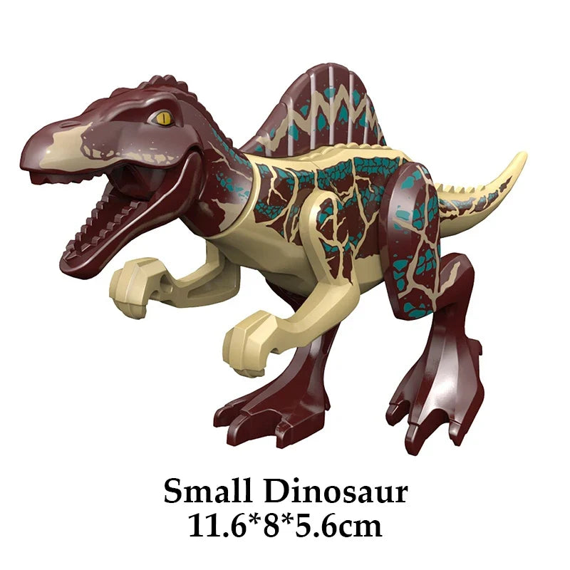 Brown and cream dinosaur building block figure with teal pattern and open mouth