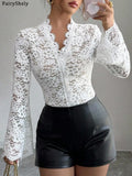 White lace long-sleeve V-neck crop top with scalloped floral trim