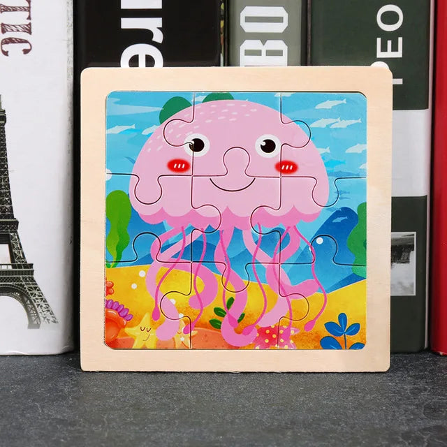 Wooden 3D tangram animal puzzle with cartoon pink jellyfish in a frame