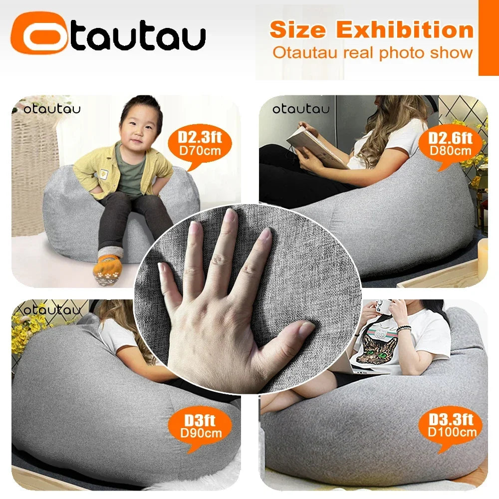 Gray bean bag cover fabric, size options shown with hand for scale