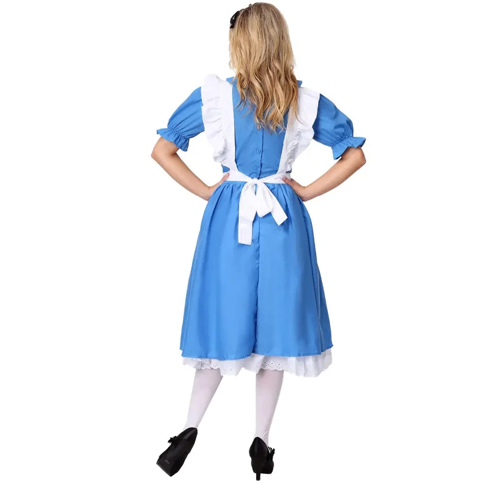 Back view of blue and white maid dress costume with white apron front and waist ribbon