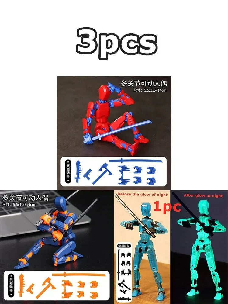 Red and blue multi-jointed robot action figure set with glowing effects and parts