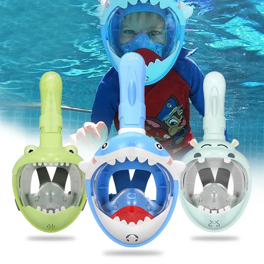 Kids full-face snorkeling mask set with blue mask and two spare masks, white-and-green accents