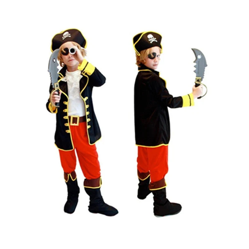 Kids pirate costume: black coat with yellow trim, red pants, pirate hat, toy cutlass