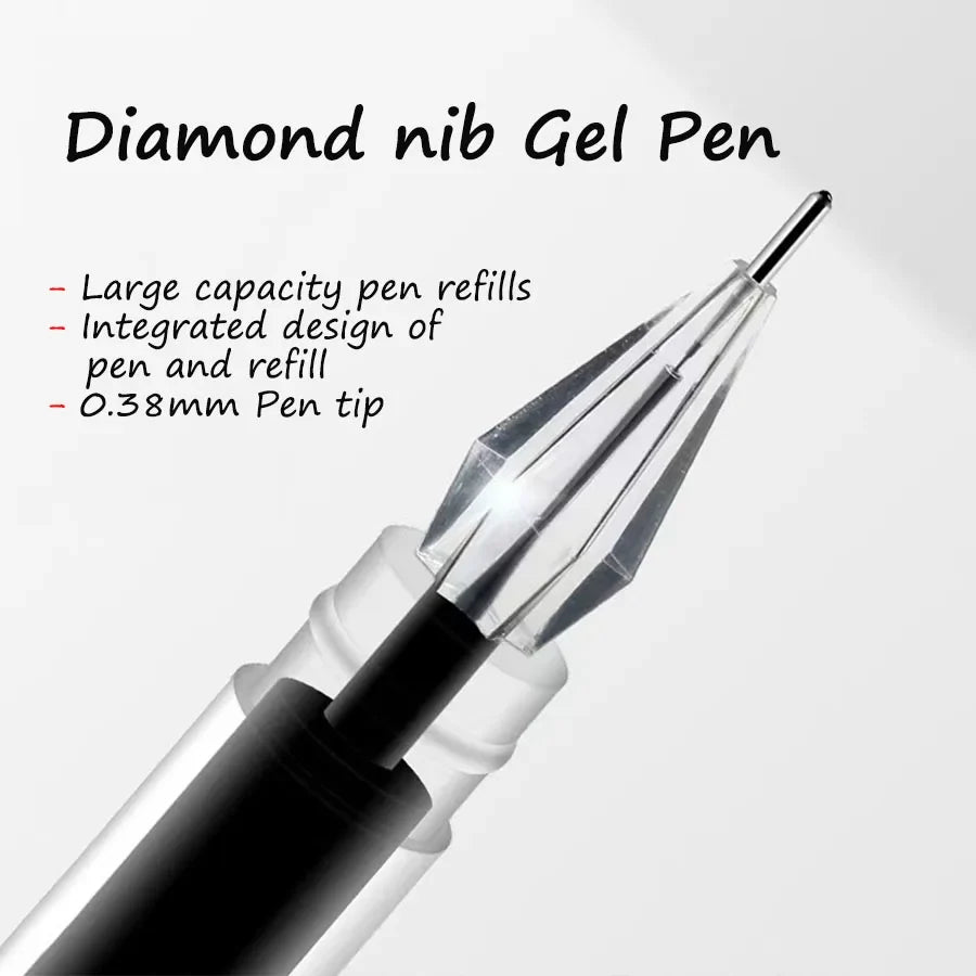 Diamond nib gel pen with fine 0.38mm tip, large-capacity refill design, black barrel