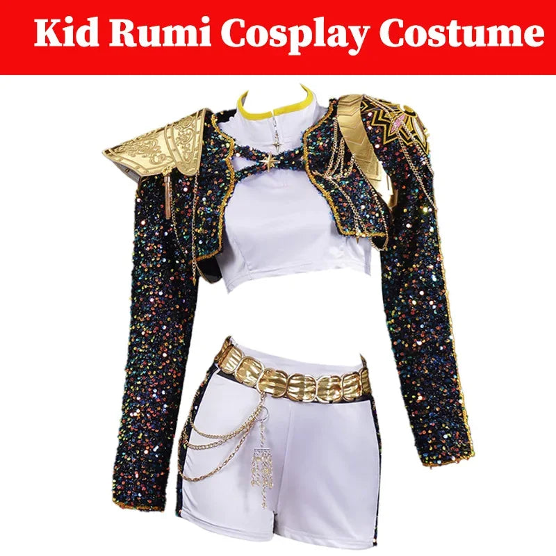 Kids cosplay uniform on mannequin: gold-trim sequin jacket over white top and shorts