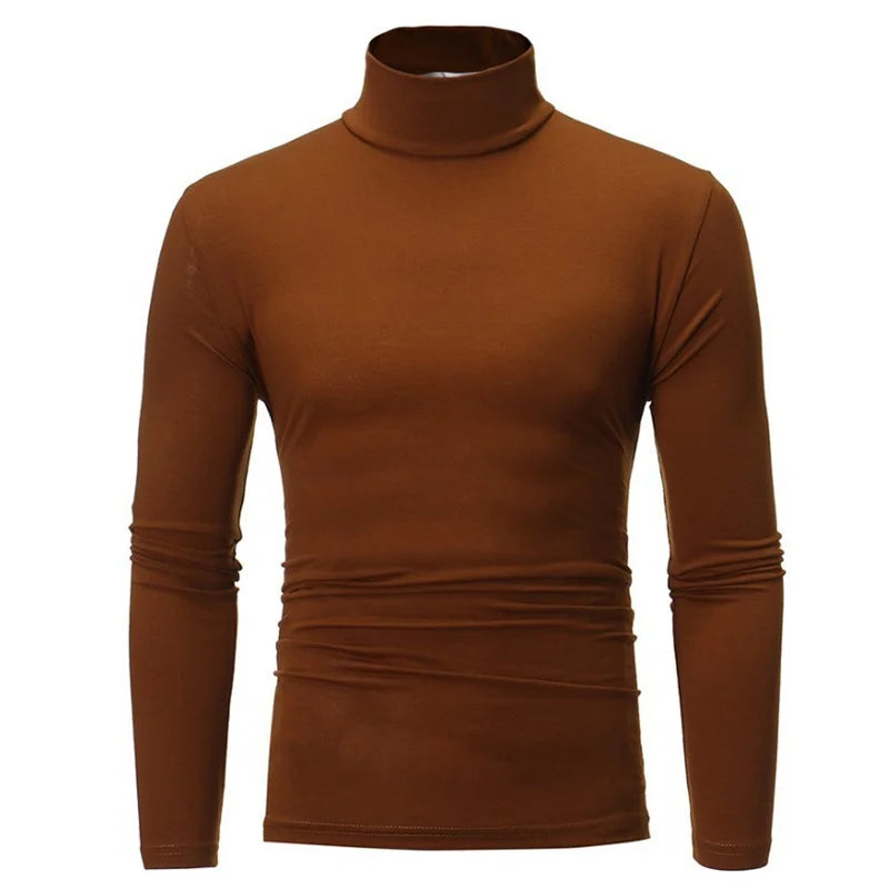 Men’s thermal shirt, slim fit high neck long sleeve, coffee brown; ruched midsection