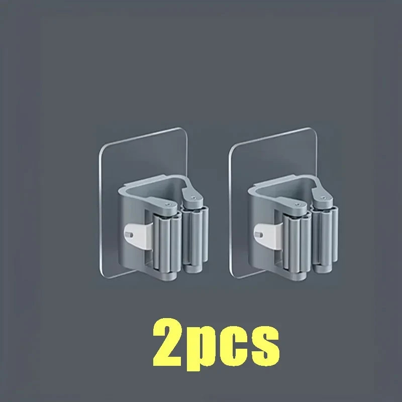 Wall mop and broom holder clips, set of 2, grey adhesive organizers