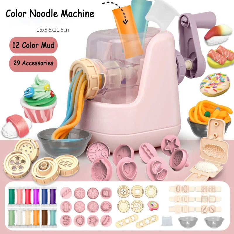 Pink clay noodle maker with clear hopper, clay noodles and star, heart stamp molds