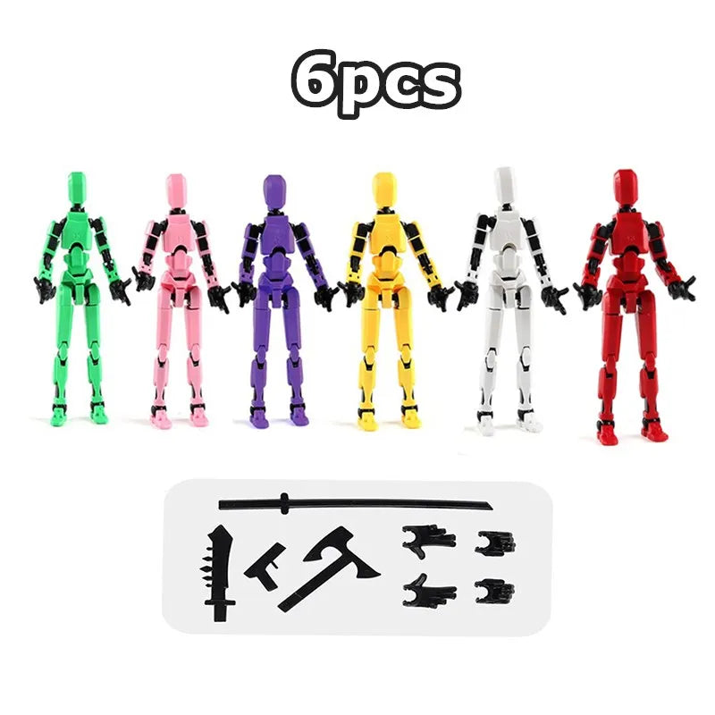 Six multi-jointed robot action figures in assorted colors with weapon accessories