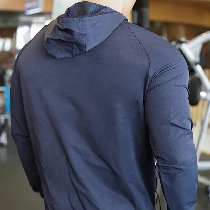 Men's nylon workout hoodie with attached hood, dark blue, long sleeves, full-zip back view