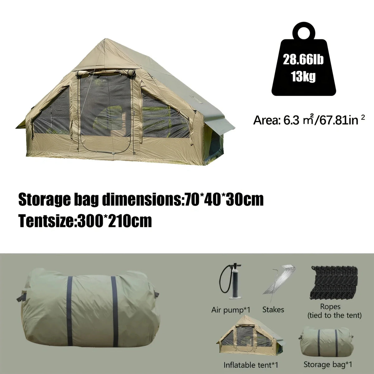 Beige inflatable camping tent with front mesh door, side windows, and bundled storage bag