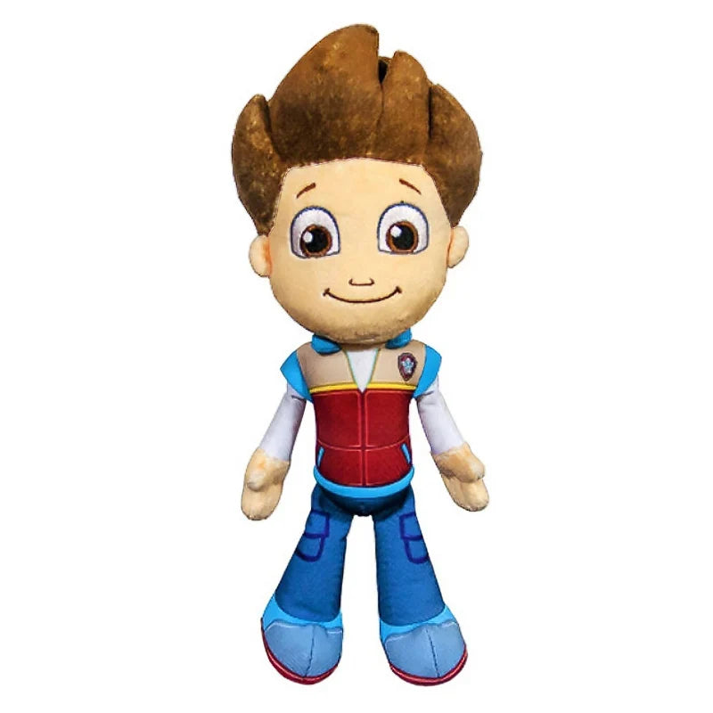 Brown plush puppy doll with tan ears and blue uniform, stitched smiling face
