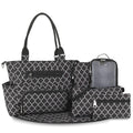 Black and white quatrefoil diaper bag set with matching organizer pouch and changing pad