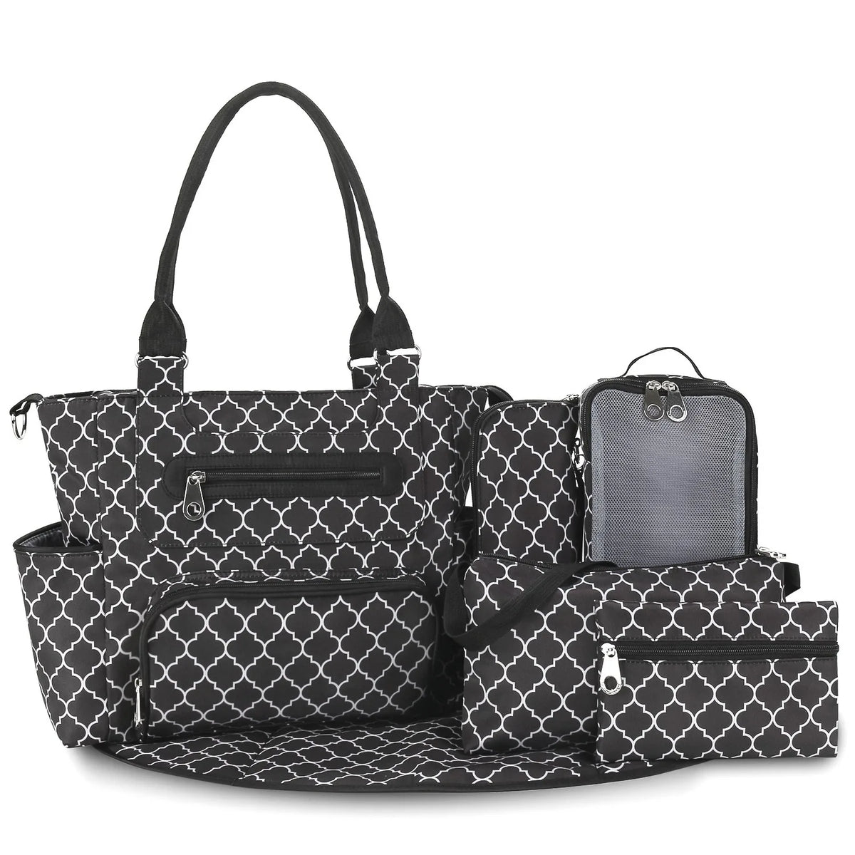 Black and white quatrefoil diaper bag set with matching organizer pouch and changing pad