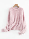 Women’s alpaca pullover sweater, light pink fuzzy knit, dropped shoulder loose fit
