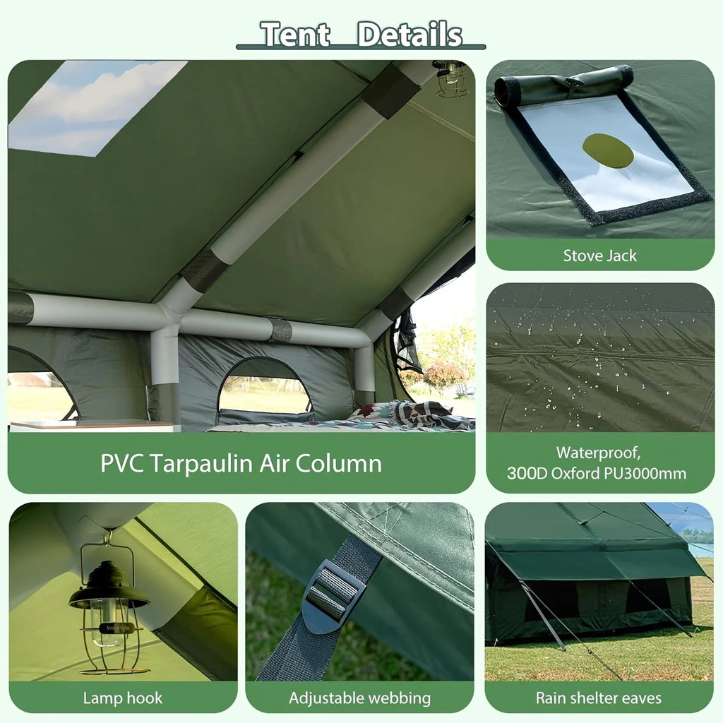 Green inflatable tent roof and PVC air columns with mesh side window detail