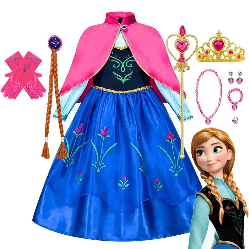 Girls princess costume dress with pink cape and blue skirt, embroidered bodice