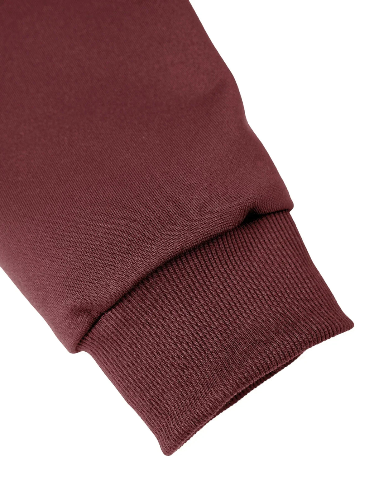 Men's mock-neck sweatshirt sleeve cuff, maroon fabric with ribbed trim