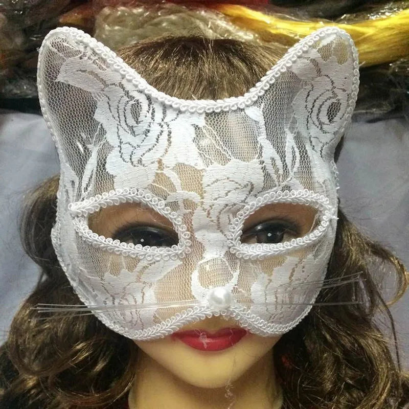 White lace cat masquerade mask with floral lace, round jewel center, ribbon ties, eye cutouts