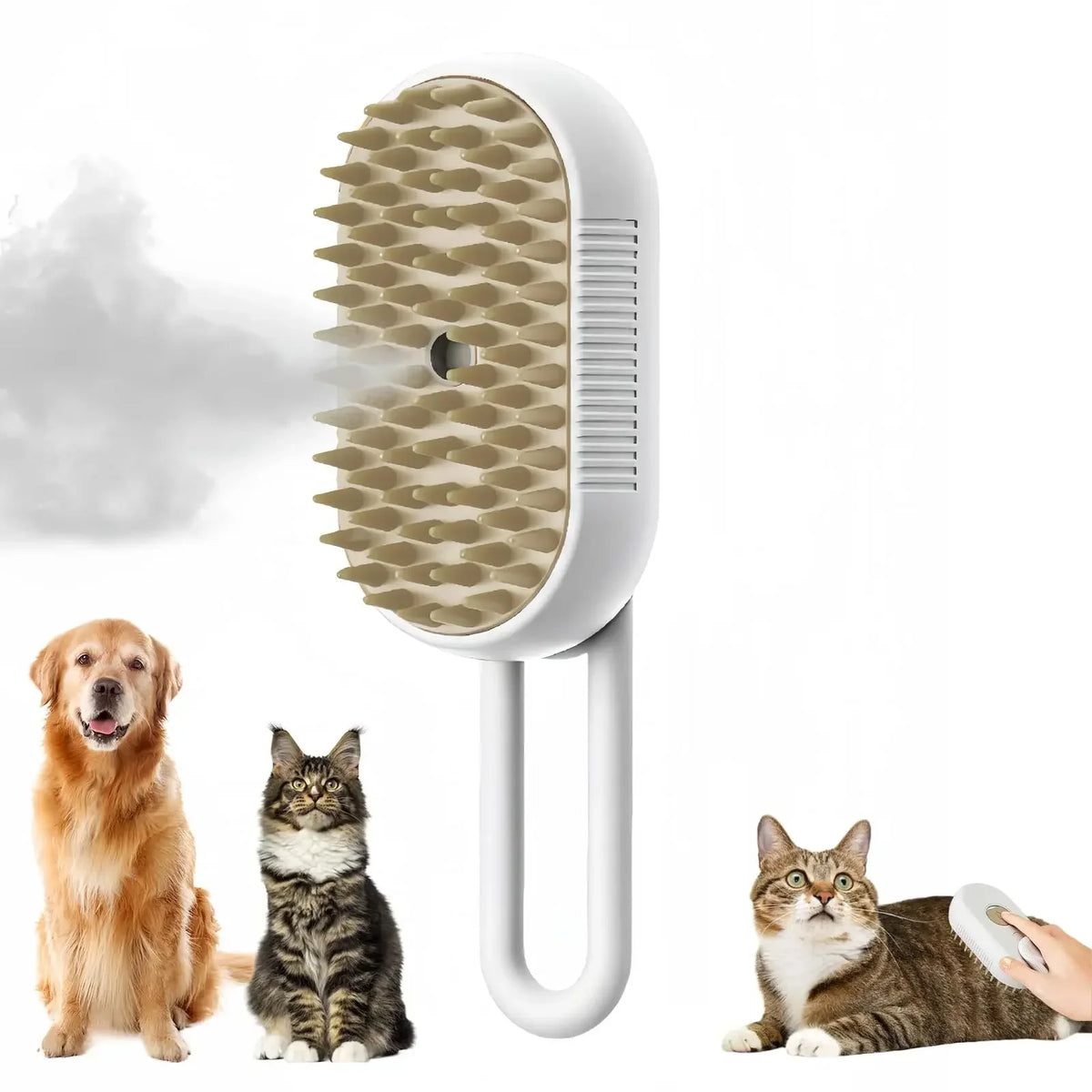 Pet steam brush standing upright with beige bristle panel and curved handle