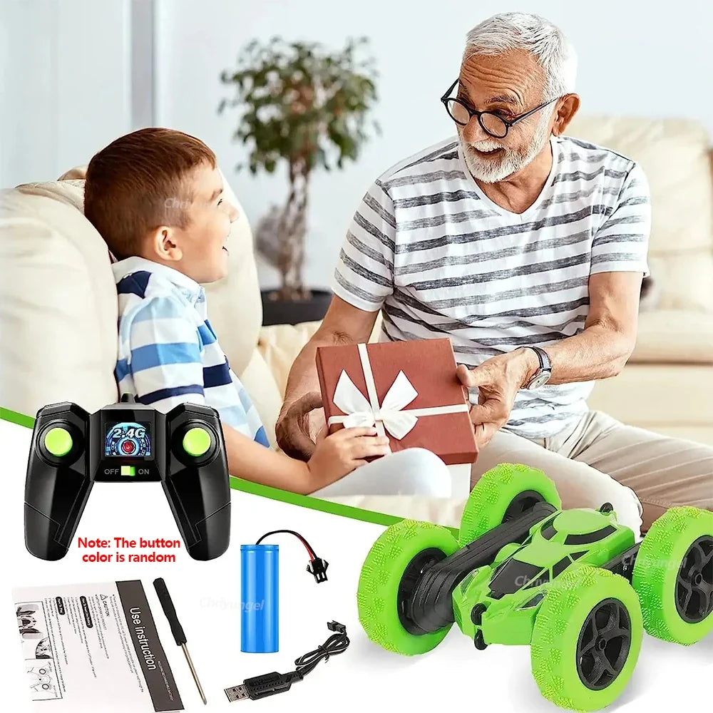 Green RC stunt car kit with remote control, cables, and toy accessories for kids