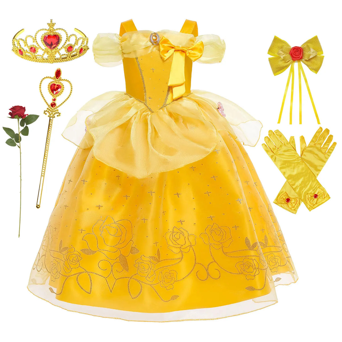 Yellow princess cosplay dress for kids with ruffled tulle skirt and gold-toned embroidered pattern