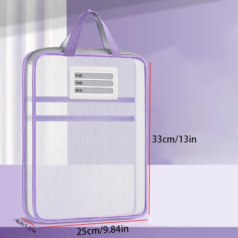 Purple A4 double-layer mesh zipper storage bag with carry handle and label window