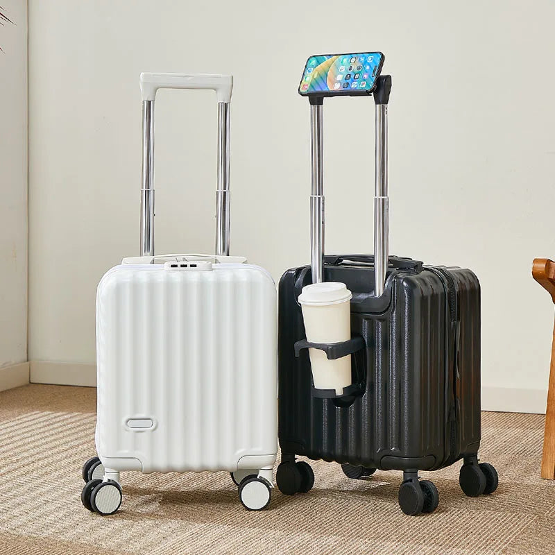 White and black 14-inch carry-on suitcases with phone and cup holders, rolling wheels