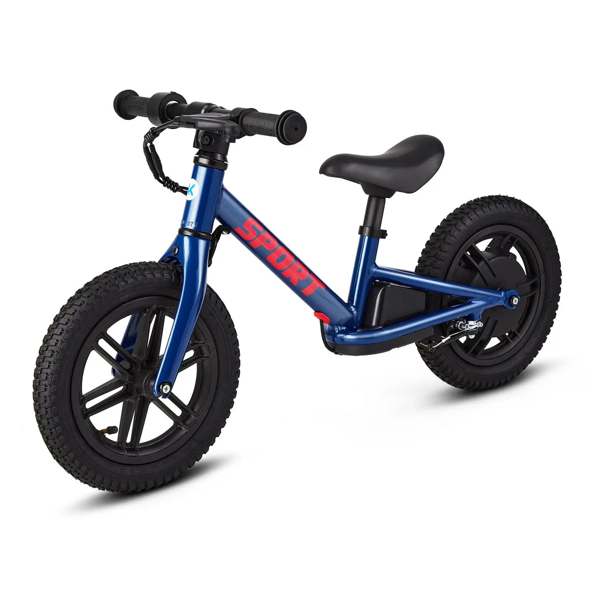 Kids balance bike with air tires, blue frame, black handlebar and seat, knobby wheels