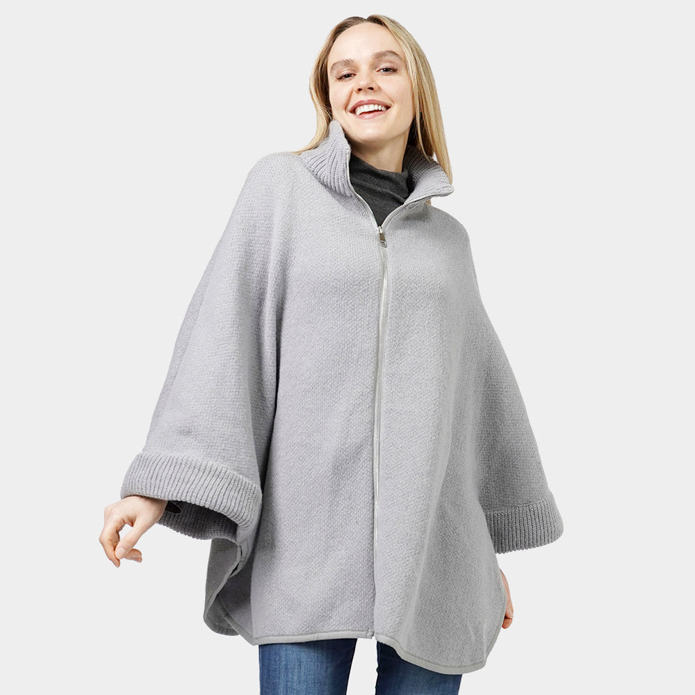 Gray zip-front knit cape poncho with stand collar and ribbed cuffs