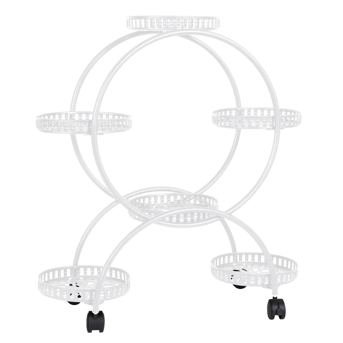 White metal rolling plant stand with four perforated trays and caster wheels