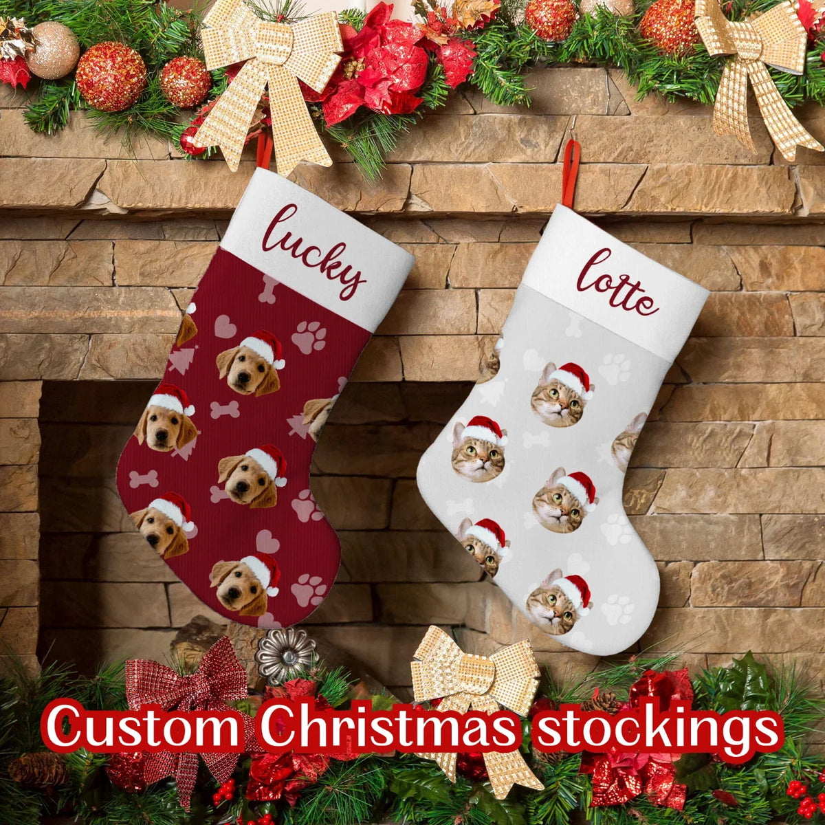 Set of two personalized Christmas stockings with dog photos; names “Lucky” and “lotte”