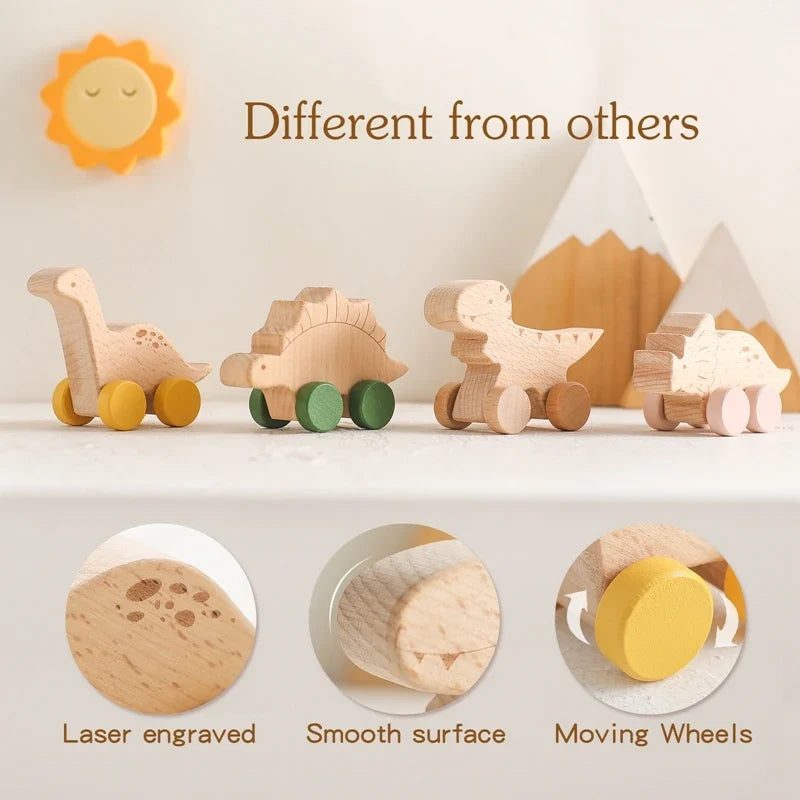 Wooden dinosaur teether cars with engraved design and moving wheels